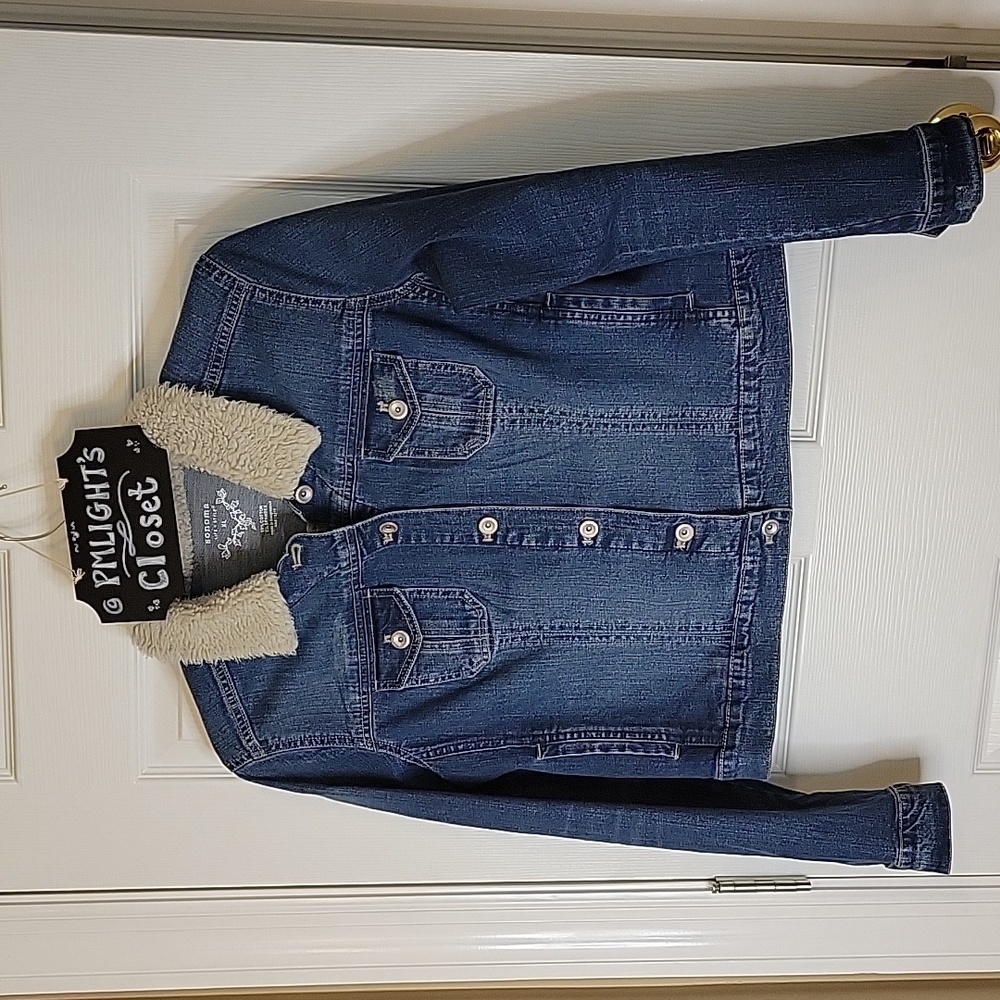 Sonoma XL Denim Jacket Cropped Faux Fir Collar Distressed Med Wash